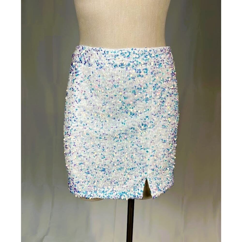 NWT Nasty Gal Iridescent Sequin Mini Skirt White Sparkle Outfit - Picture 2 of 6